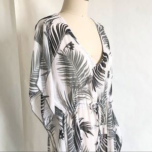 KONA SOL | Sheer Kaftan Coverup White Tropical Palm Leaf Print Size X Large